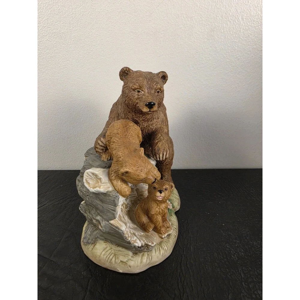 Curious Cubs Bear Family On Log & Base HOMCO Figurine #1435 Home Interiors Mama